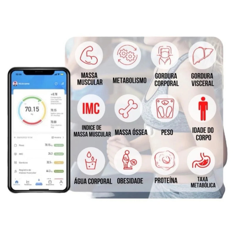 Balança digital Bluetooth de bioimpedância corporal de até 180 kg (Resultado no celular)