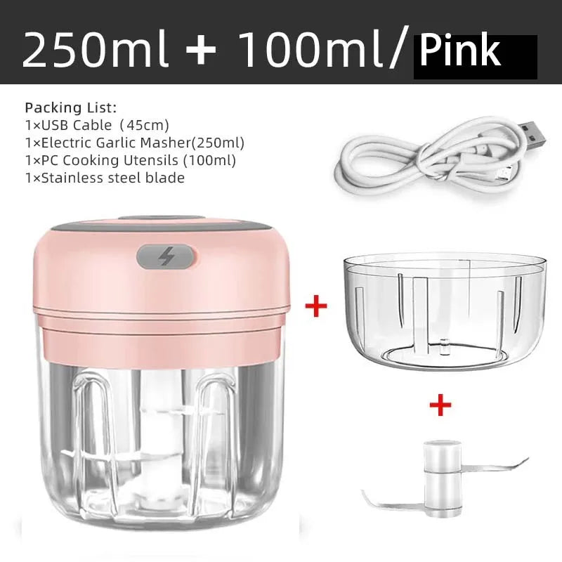 Mini Triturador Elétrico Sem Fio para Alho – 100ml/250ml, Portátil, Recarregável via USB, Ideal para Gengibre, Pimenta, Legumes e Cozinha